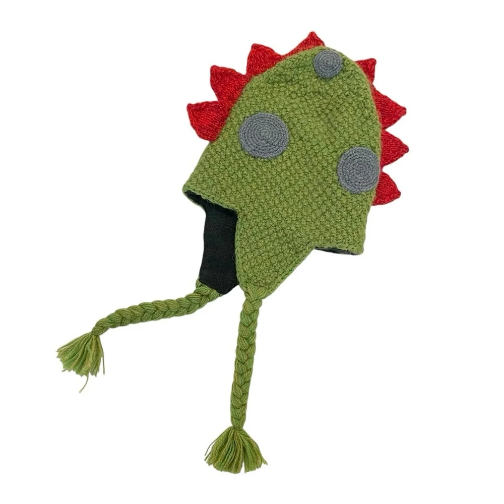 Andes Gifts Kids Green Dinosaur Beanie Alpaca Blend Animal Knit Winter Hat Peru